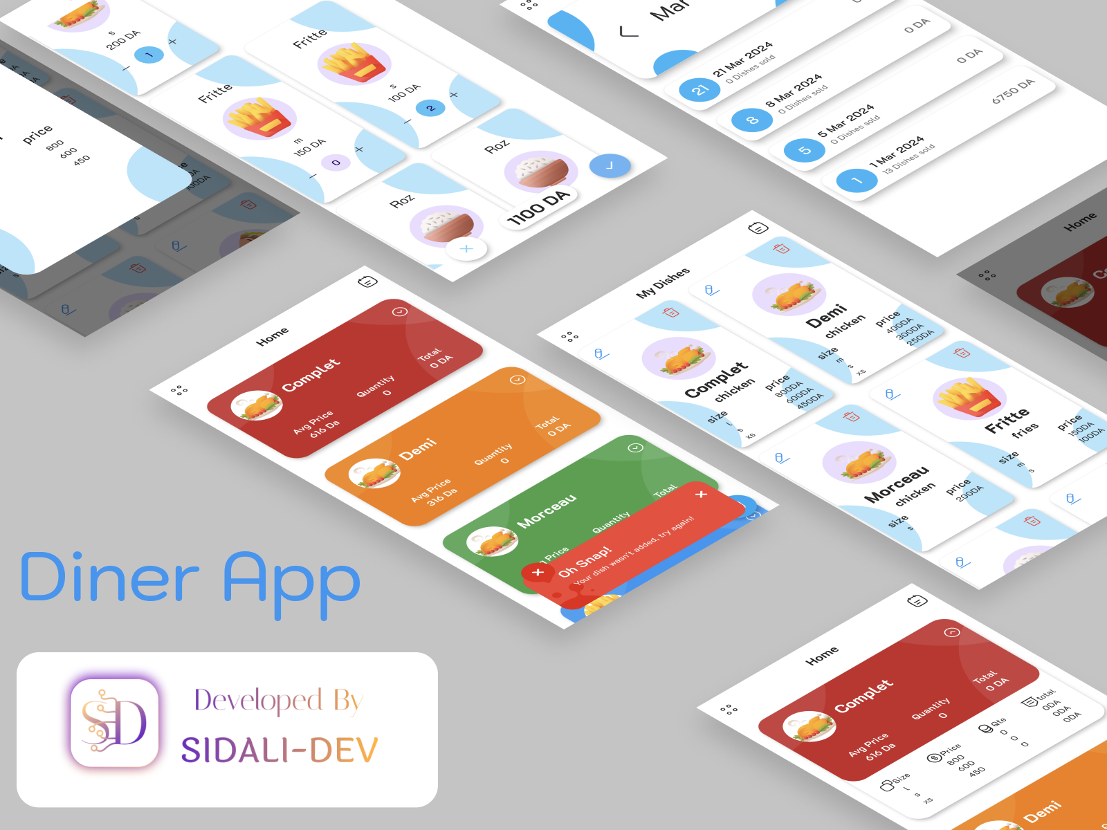 Food ordering and sales tracking app screens